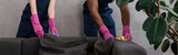 Panoramic crop of multiethnic cleaners using rags while cleaning couch at home