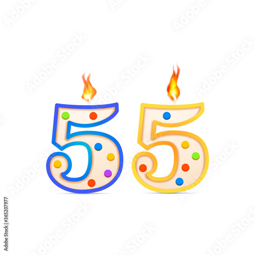 Fifty five years anniversary, 55 number shaped birthday candle with fire on white