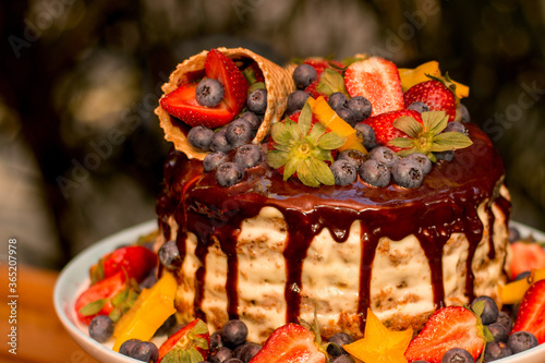 Delicious handmade layered cake decorated with chocolate glaze, strawberries, blueberries, carambola star fruit and ice cream cone on nature tropical background