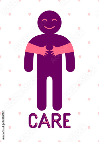 Beloved man with care hands of a lover woman hugging and caresses his chest, vector icon logo or illustration in simplistic symbolic style.