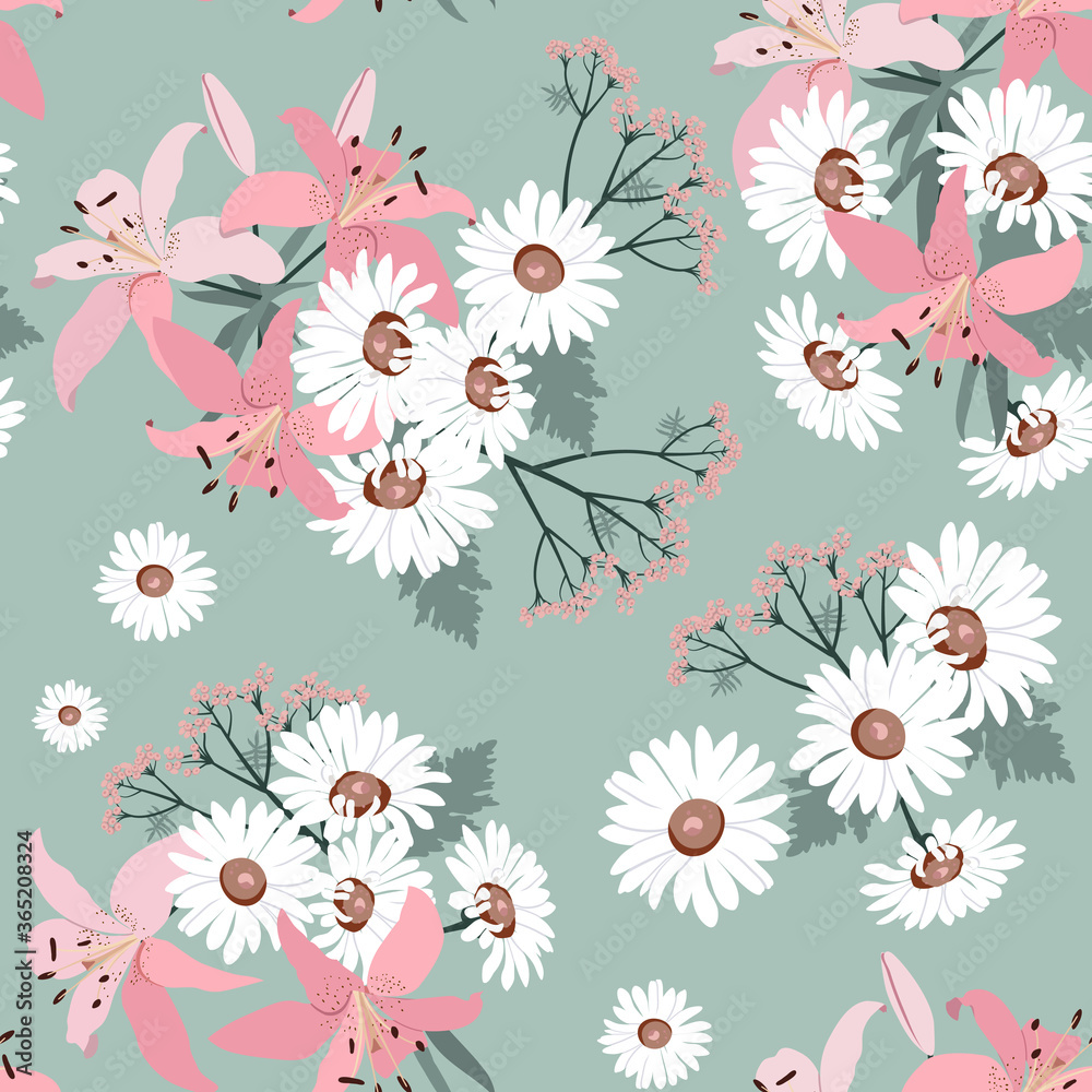 Lily and chamomile. Seamless vector illustration style flat on a green background.