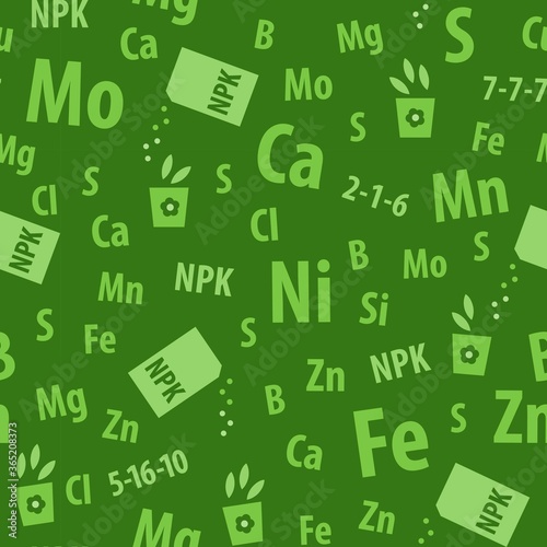 Fertilizer seamless pattern with green chemical elements symbols, seed starters and plant nutrient bags with spreading particles over the nurcery pot process.