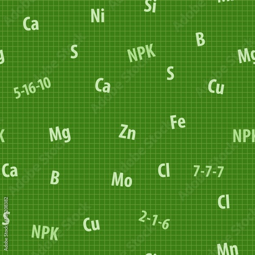 Complex fertilizer wrapping seamless pattern with green grid background and chemical elements for a plant nutrient packaging or instructions design.