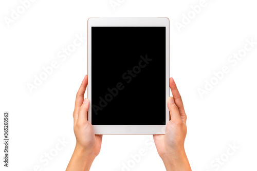 Technology business concoept: Two hands hold a mockup white tablet on white background with clipping path.