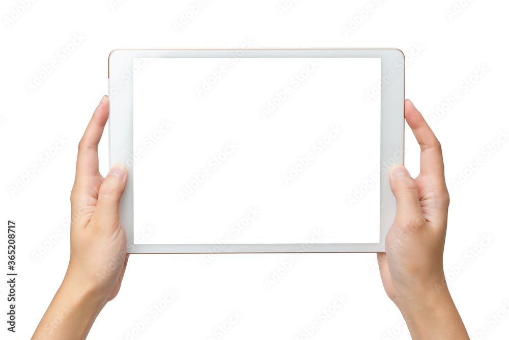Technology business concoept: A busuness Woman hold a mockup white tablet on white background with clipping path of screen. Technology business concoept: A busuness Woman hold a mockup white tablet on white background with clipping path of screen.