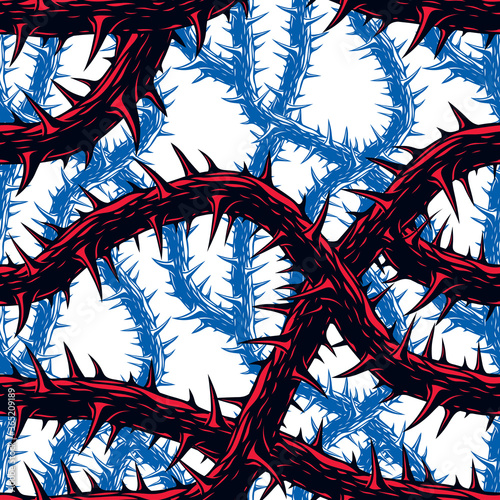 Horror art style horrible seamless pattern, vector background. Blackthorn branches with thorns stylish endless illustration. Hard Rock and Heavy Metal subculture music textile fashion stylish design.