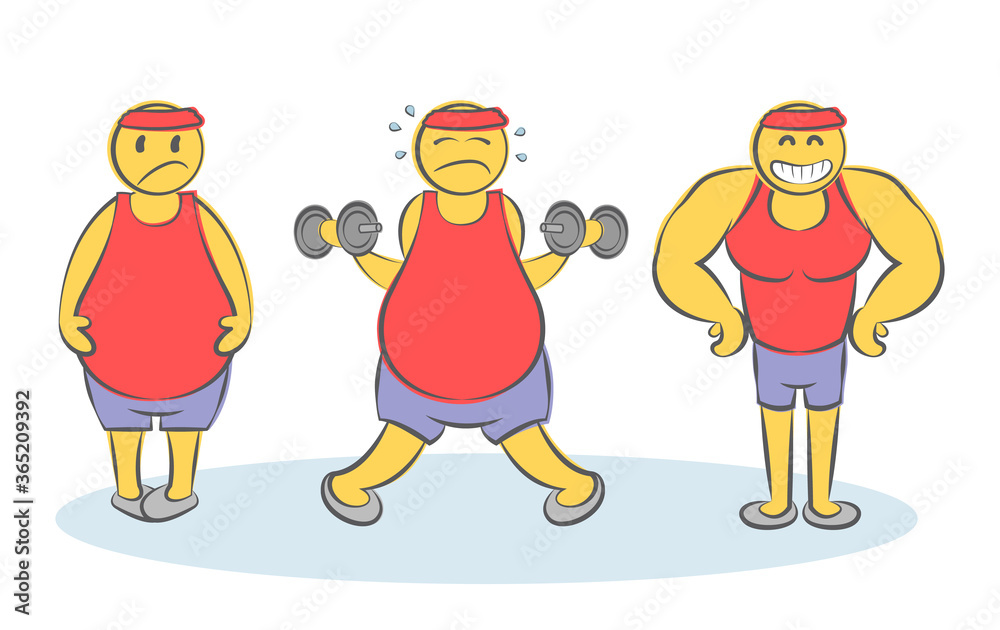 Funny vector doodle concept of Before & After Body Transformation. Weight loss and a healthy body. Sad cartoon fat man starts workout. Funny vector doodle concept of Before & After Body Transformation. Weight loss and a healthy body. Sad cartoon fat man starts workout.