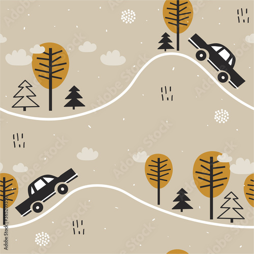 Seamless pattern with cars, trees, fir trees, hand drawn overlapping backdrop. Colorful background vector. Illustration with automobiles. Decorative wallpaper, good for printing