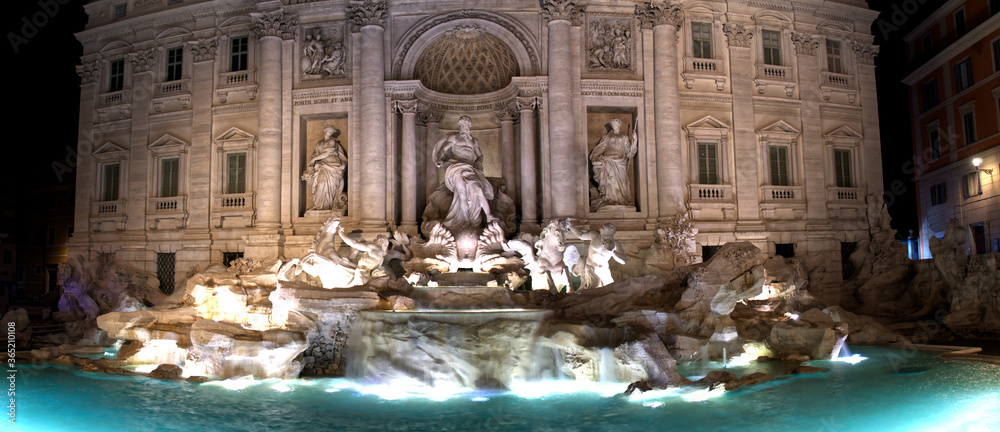 Di Trevi fountain panorama at night in Rome Italy