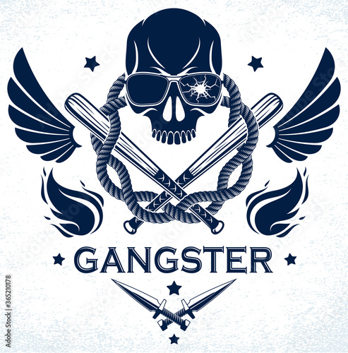 Gang brutal criminal emblem or logo with aggressive skull baseball bats and other weapons and design elements, vector anarchy crime terror retro style, ghetto revolutionary.