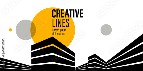 Fototapeta Naklejka Na Ścianę i Meble -  3D black and white lines in perspective with yellow elements abstract vector background, linear perspective illustration op art, buildings construction.