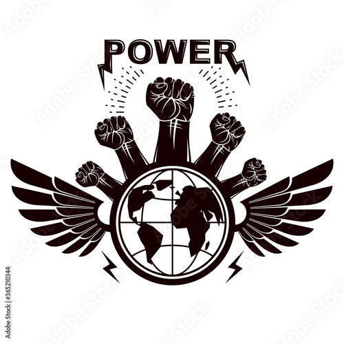 Clenched fists of angry people winged vector emblem composed with Earth globe symbol. Civil war abstract illustration. Social revolution concept.