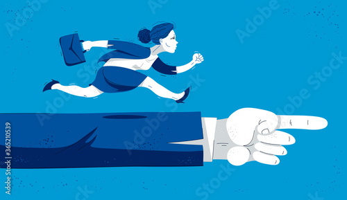 Business woman run and hurry on pointing boss hand symbolizes career motivation vector illustration, funny comic cute cartoon worker or employee in a rush to success.