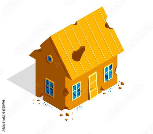 Destroyed small cottage family house vector 3d isometric illustration isolated on white, ruined old building.