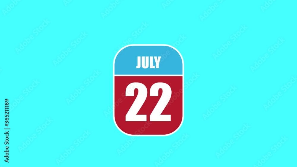 july 22nd. Day 22 of month, 2D calendar animation. A calendar sheet is assembled from its component parts. summer month, day of the year concept