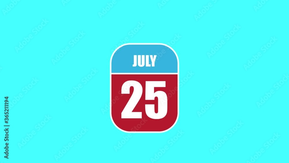 july 25th. Day 25 of month, 2D calendar animation. A calendar sheet is assembled from its component parts. summer month, day of the year concept july 25th. Day 25 of month, 2D calendar animation. A calendar sheet is assembled from its component parts. summer month, day of the year concept