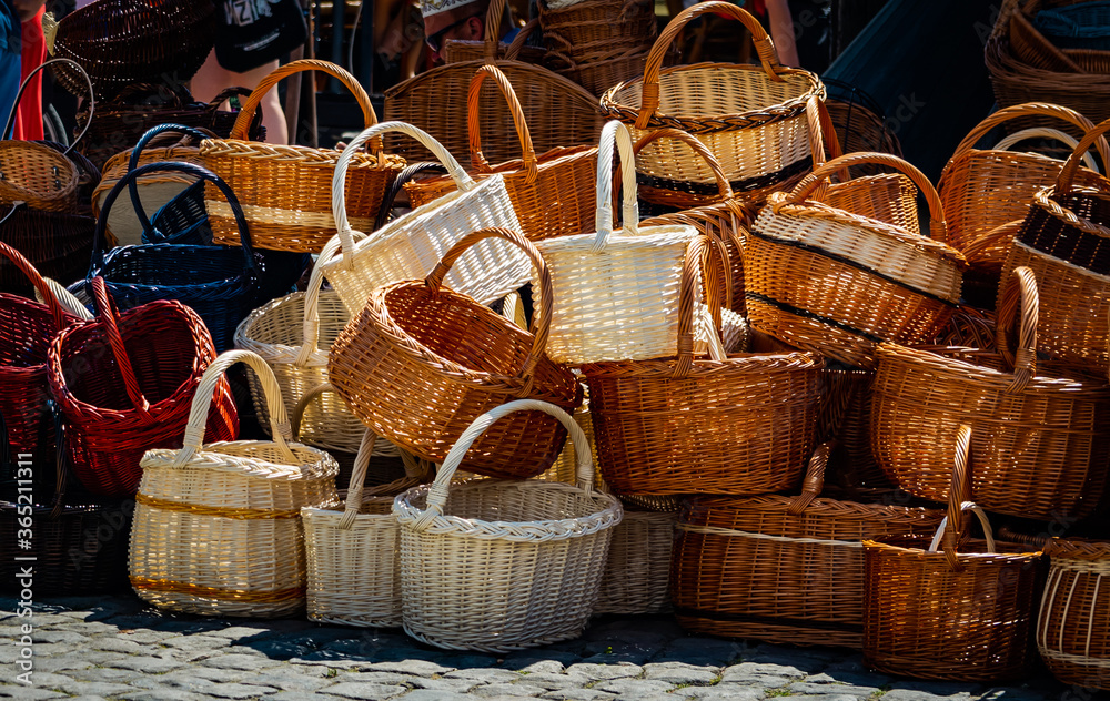A stack of empty wicker baskets.