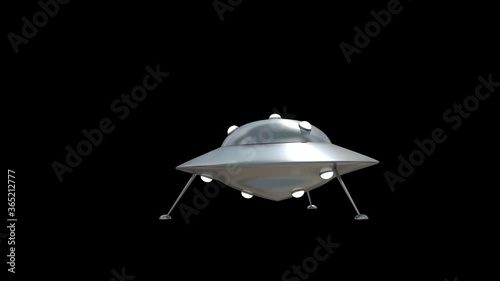 An alien UFO lands and opens a portal. 3D render and mask for isolated videо. 