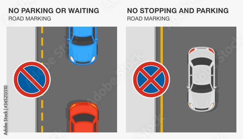 Road markings meaning. No stopping or waiting and no parking road marking. Traffic sign rule. Flat vector illustration template.