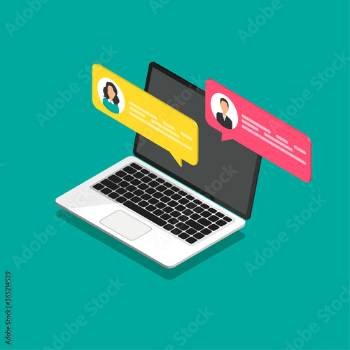 Online chat concept. Isometric laptop with dialog boxes. Modern design of messaging bubbles. Vector illustration isolated on color background.	
