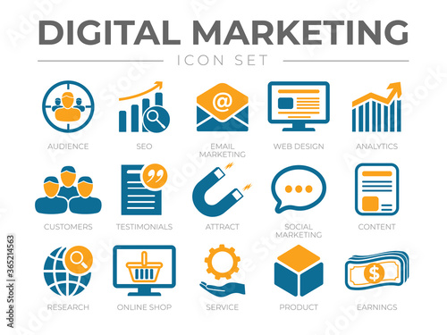 Digital Marketing Icon Set. SEO, Email Marketing, Web Design, Analytics, Audience, Customers, Testimonials, Attract, Social Marketing, etc Icons. photo