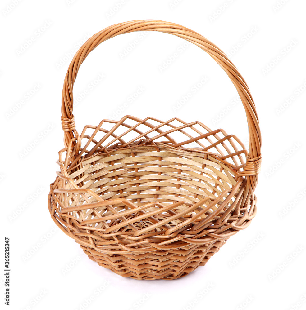 Obraz premium Withe basket isolated on a white background. Empty wicker basket. Stick woven basket