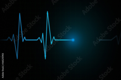 Heartbeat line cardiogram or ECG on blue abstract background. EKG measurement on monitor blue neon line modern graphic photo