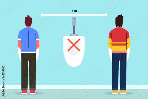 Social distance in washroom urinal. Covid 19 poster for washroom and toilet. People are maintain social distancing in office toilet. Keep distance poster for public toilet