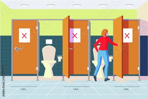 people waiting on queue to use public women toilet and maintain social distancing to prevent virus spreading and transmission, woman keep distance, new normal concept.
