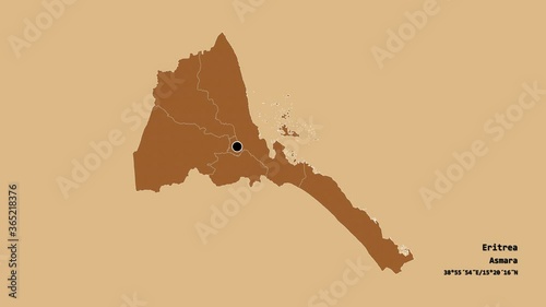 Semenawi Keyih Bahri, region of Eritrea, with its capital, localized, outlined and zoomed with informative overlays on a solid patterned map in the Stereographic projection. Animation 3D photo