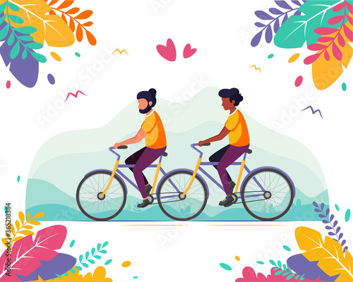 LGBT concept. Male gay couple riding on a tandem bicycle. Vector illustration in flat style.