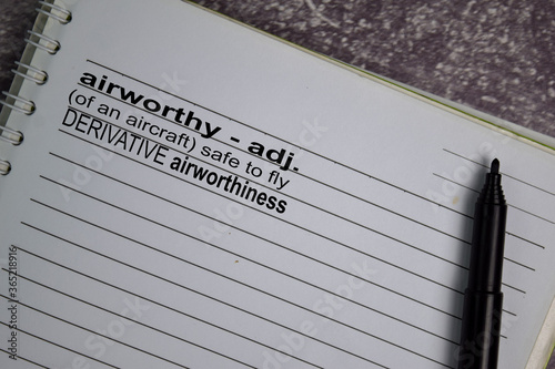 Definition of Airworthy word with a meaning on a book. dictionary concept