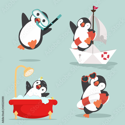  Set of funny penguins cartoon arctic