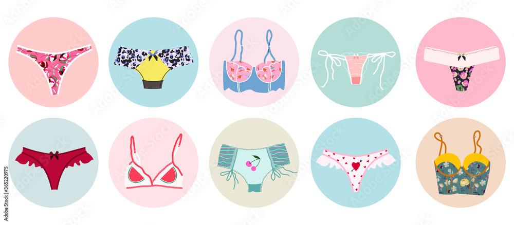 Lingerie icon set. Variety of female underwear in pastel color circles. Panties, bikinis, and bras. Modern hand drawn colorful collection of women's underwear.  Women swimwear. Sensuality concept.