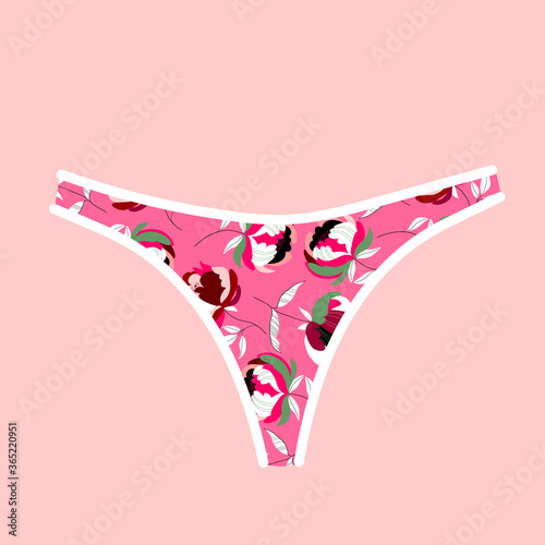 Pink floral female thongs. Trendy female underwear. Modern hand-drawn women's underwear. Beautiful pattern panties. Sensuality and femininity concept. Isolated illustrated element on pink.