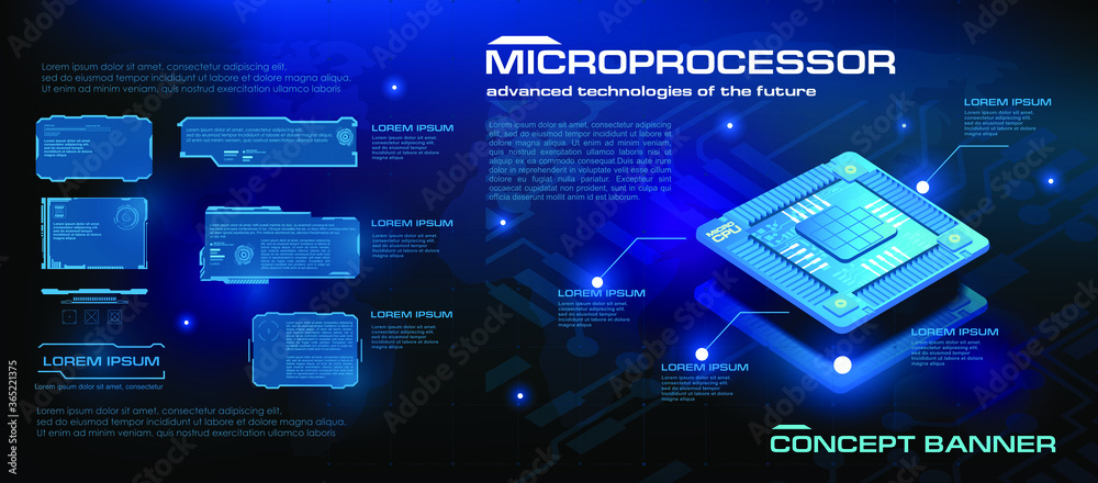 Powerful microprocessor of the future. Hi-tech. New generation processor for processing and storing large amounts of information. Concept banner