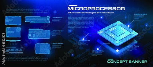 Powerful microprocessor of the future. Hi-tech. New generation processor for processing and storing large amounts of information. Concept banner
