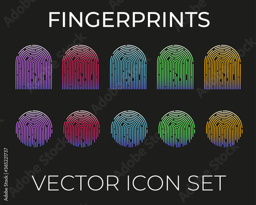 Fingerprint vector icons. Illustration of the fingerprint of different colours, blue, purple, red, orange, green, on a black background. Vector illustration