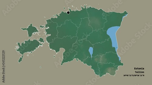 Lääne, county of Estonia, with its capital, localized, outlined and zoomed with informative overlays on a relief map in the Stereographic projection. Animation 3D photo