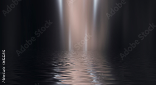 Dark neon background with rays and lines. Night view  reflection in the water of neon light. Abstract dark scene  vertical lines. 3d illustration