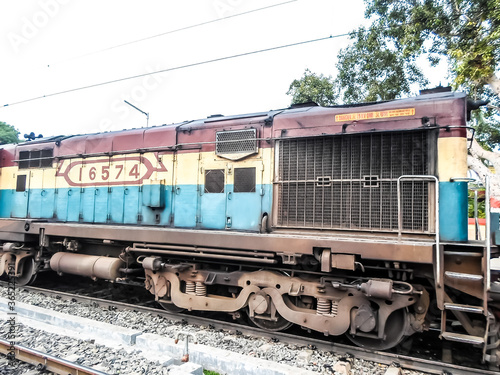 Freight train or Cargo train or malgadi (TKD WAG) halts at Katwa Railway Station Junction Platform. Katwa Purba Bardhaman West Bengal India May 2019