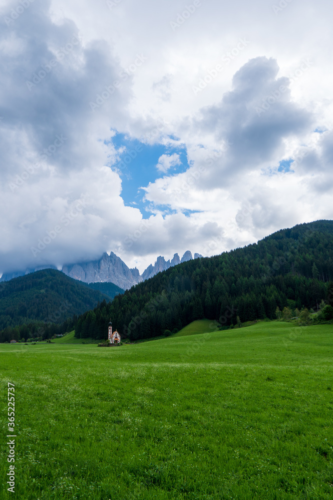 The chapel St. Johann in the Funes valley , South Tyrol, Italy