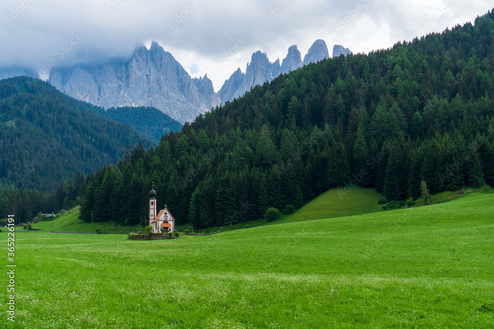 Beautiful St Magdalena, the lone church in northern Italy. Sitting on the foot of the majestic Geisler peaks at 1,352 m