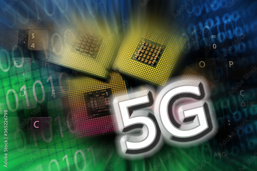 5G word on technology abstract background with cpu and binary code ...