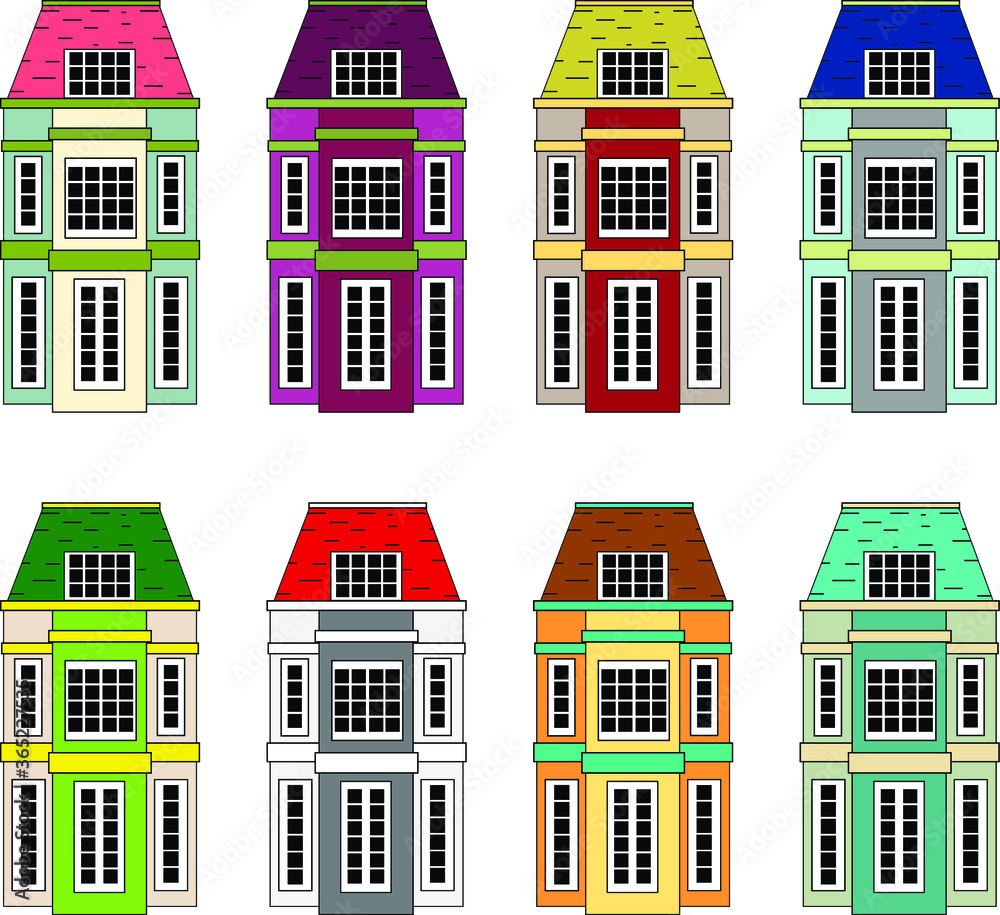 Set of colorful houses in Victorian style, vector