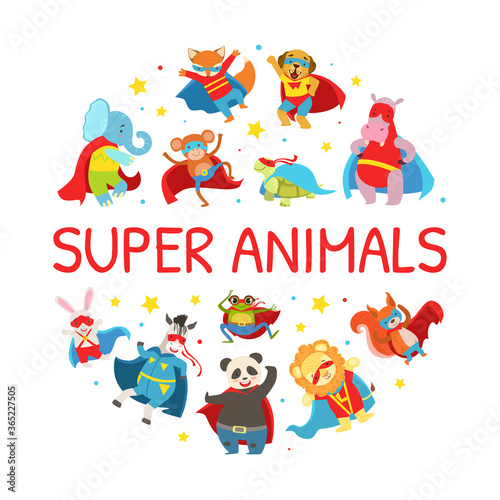 Superhero Animals of Round Shape, Cute Baby Animals Characters in Costumes Cartoon Vector Illustration