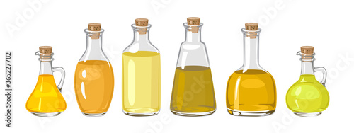 Set of oil in glass bottles isolated on white. Vector illustration in flat style. Virgin organic healthy oil product. Seed oil.