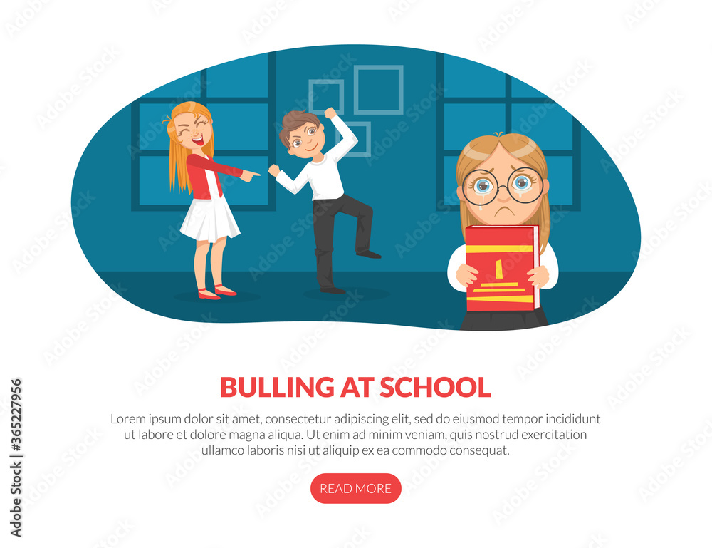 Bullying at School Landing Page Template, Persecution at School, Schoolmates Mocking of Unhappy Girl Cartoon Vector Illustration Bullying at School Landing Page Template, Persecution at School, Schoolmates Mocking of Unhappy Girl Cartoon Vector Illustration