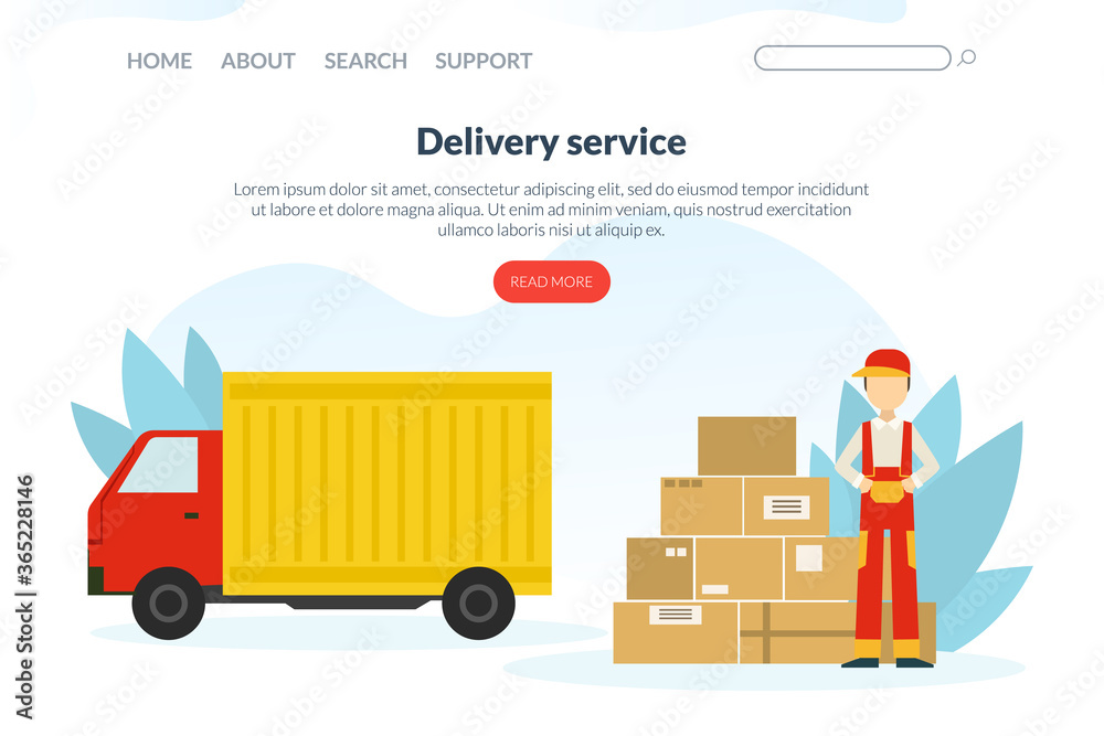 Delivery Service Landing Page Template, Delivery Truck with Cardboard Boxes and Male Courier, Homepage, Mobile App, Website Design Flat Vector Illustration Delivery Service Landing Page Template, Delivery Truck with Cardboard Boxes and Male Courier, Homepage, Mobile App, Website Design Flat Vector Illustration
