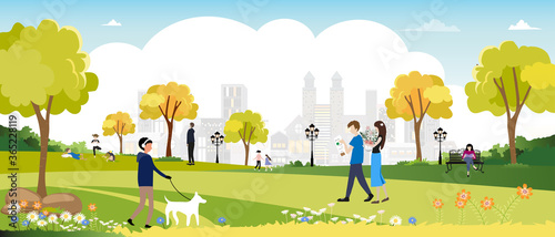 Morning City lifestyle of people in Autumn time, Happy family having fun and enjoying in city park,Graphic eco environment day. Vector cute cartoon for Summer and early Autumn banner